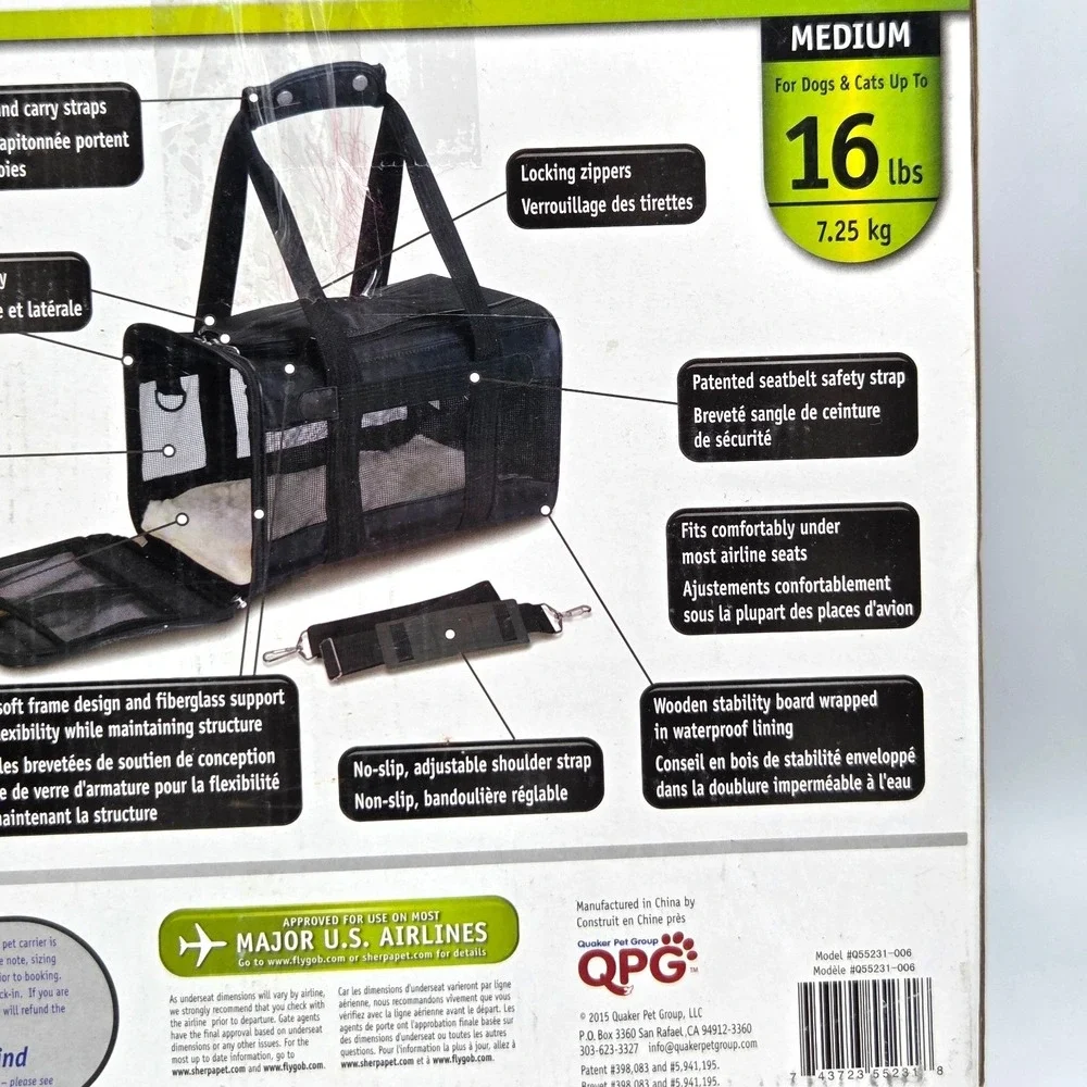 Sherpa Original Deluxe‎ Pet Carrier Medium Black For Pets Up To 16 Lbs Travel